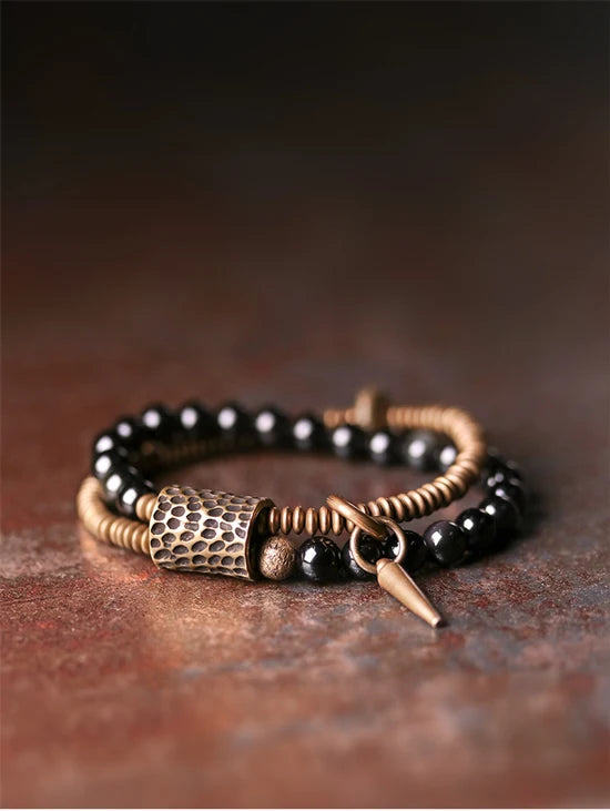 Bracelet Double Rang Obsidienne Noire et Laiton Martelé – Fait Main, du 15 au 22 cm