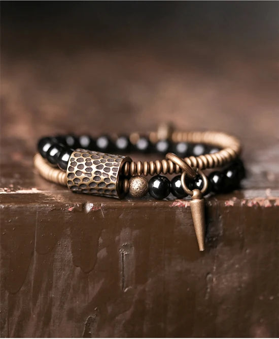 Bracelet Double Rang Obsidienne Noire et Laiton Martelé – Fait Main, du 15 au 22 cm