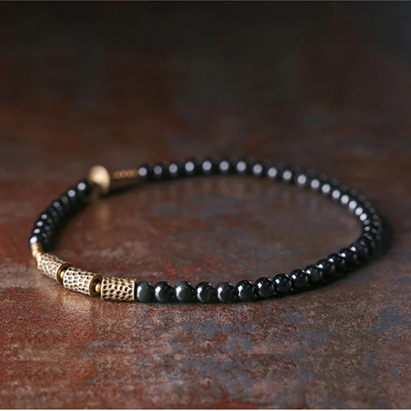 Bracelet Double Rang Obsidienne et Laiton Martelé – Unisexe, du 15 au 22 cm
