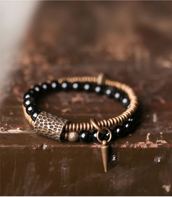 Bracelet Double Rang Obsidienne Noire et Laiton Martelé – Fait Main, du 15 au 22 cm
