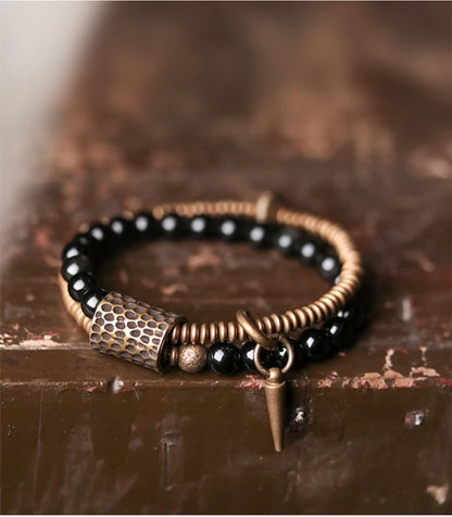 Bracelet Double Rang Obsidienne Noire et Laiton Martelé – Fait Main, du 15 au 22 cm