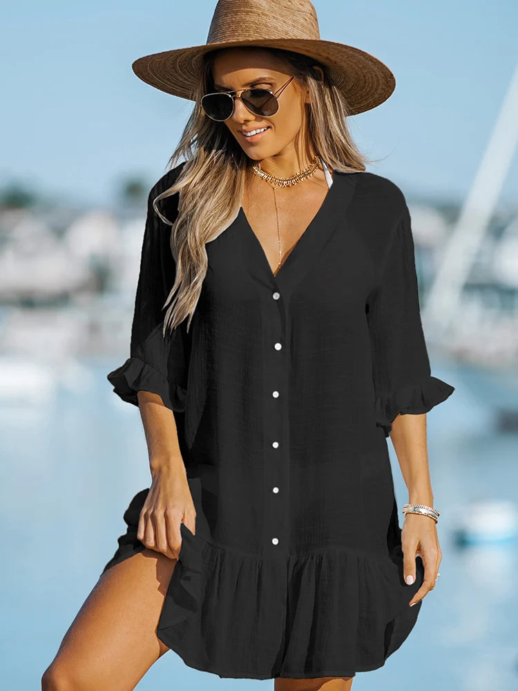 Robe de Plage Femme à Manches Longues Tunique d'Été Mini Robe de