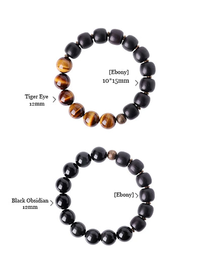 Bracelet Oeil de Tigre Doré ou Obsidienne Arc-en-Ciel – Perles de Bois et Métal Martelé