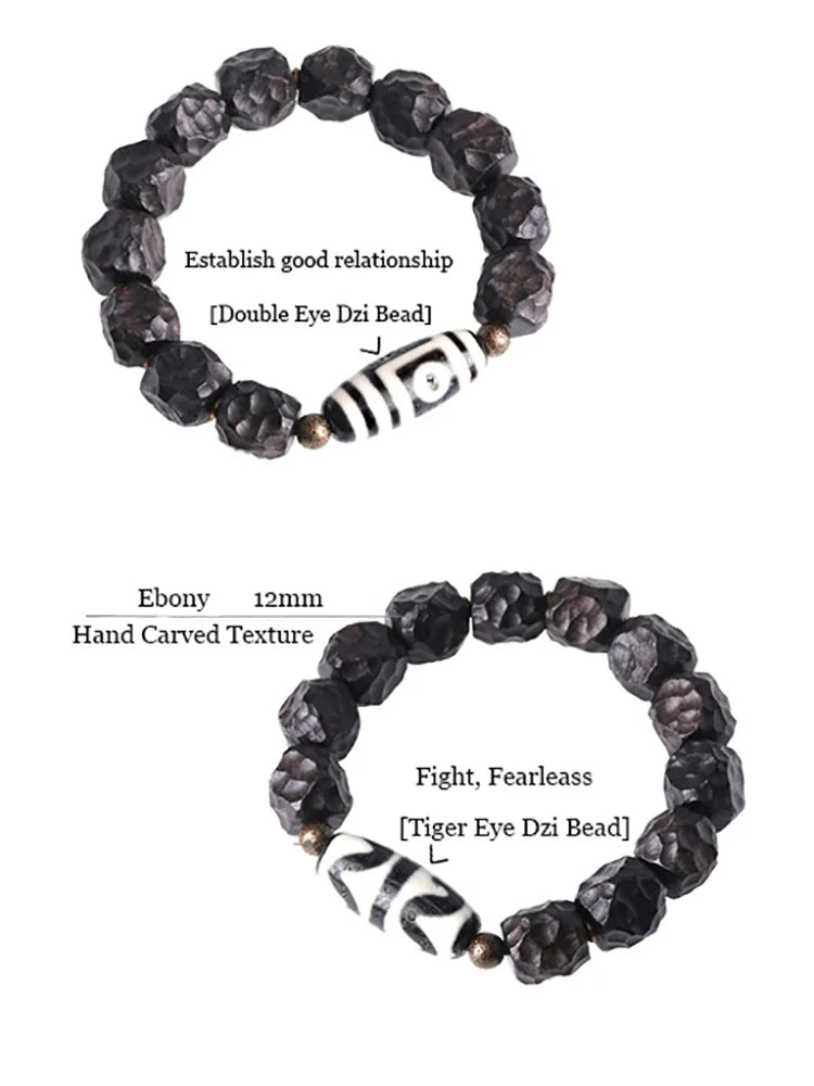 Bracelet Tibétain Ébène et Perle Dzi – Amulette de Protection en Cuivre Martelé