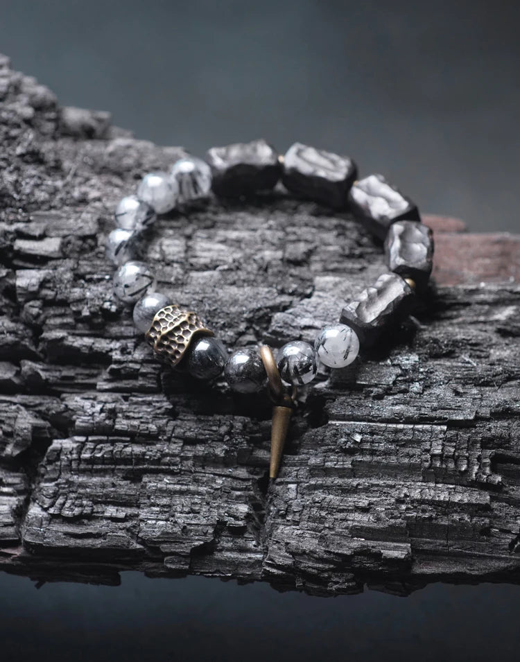 Bracelet Quartz Rutile Noir et Ébène – Cristaux Délicats, Unisexe