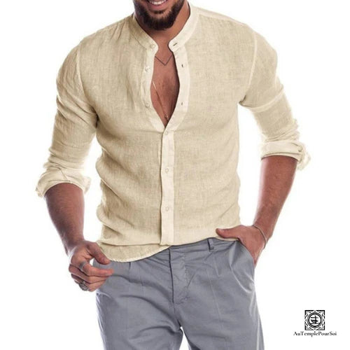 Chemise en Lin Beige Col Mao pour Homme 