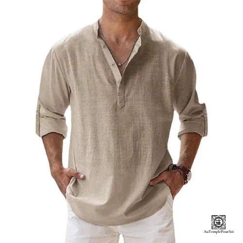 Chemise en Lin Beige a Col Tunisien-Style Decontracte et Chic