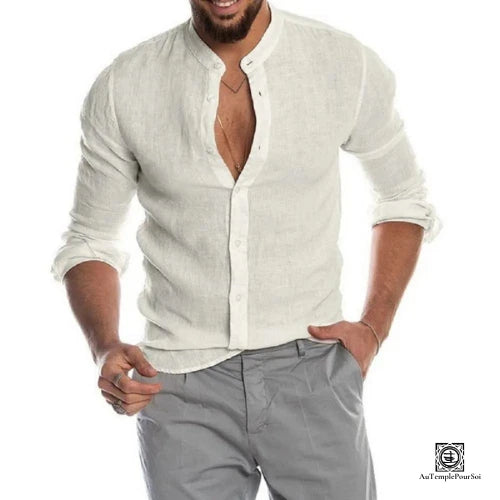 Chemise en Lin Blanche Col Mao pour Homme 