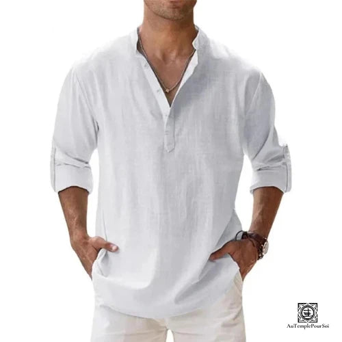 Chemise en Lin Blanche a Col Tunisien-Style Decontracte et Chic