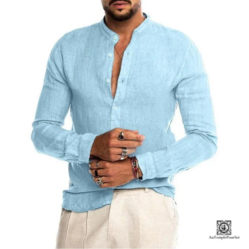 Chemise en Lin Bleu ciel Col Mao pour Homme 