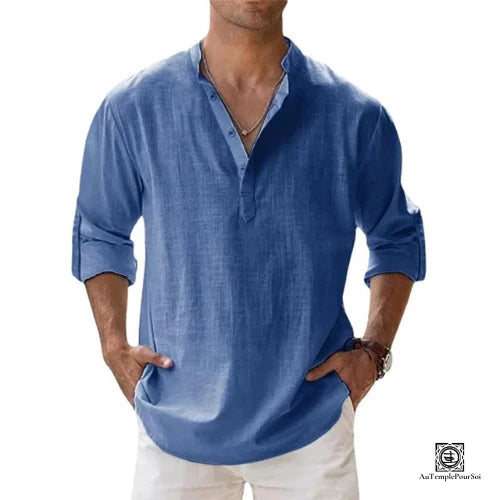 Chemise en Lin Bleu Ciel a Col Tunisien-Style Decontracte et Chic