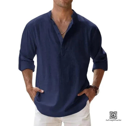 Chemise en Lin Bleu Marine a Col Tunisien-Style Decontracte et Chic