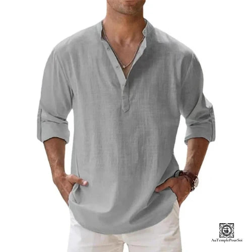 Chemise en Lin Gris a Col Tunisien-Style Decontracte et Chic