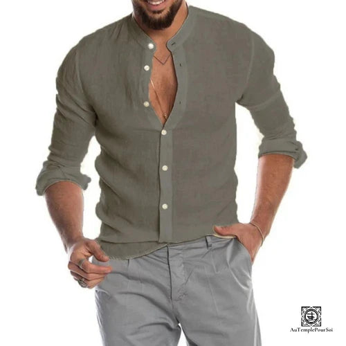 Chemise en Lin Grise Col Mao pour Homme