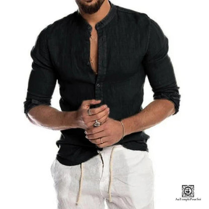 Chemise en Lin Noir Col Mao pour Homme 