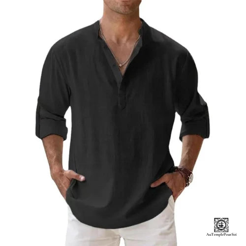 Chemise en Lin Noir a Col Tunisien-Style Decontracte et Chic