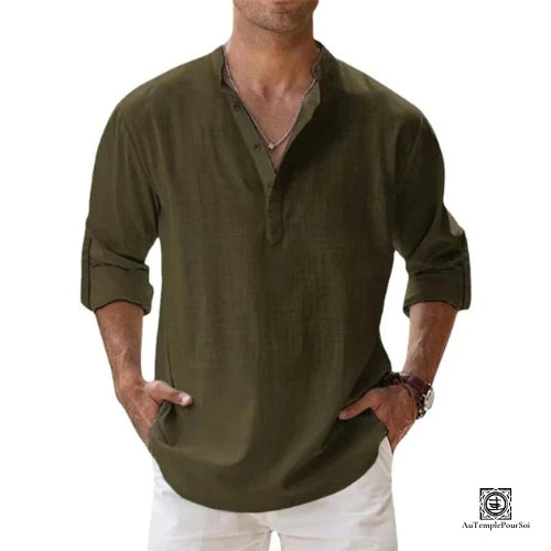 Chemise en Lin Verte a Col Tunisien-Style Decontracte et Chic