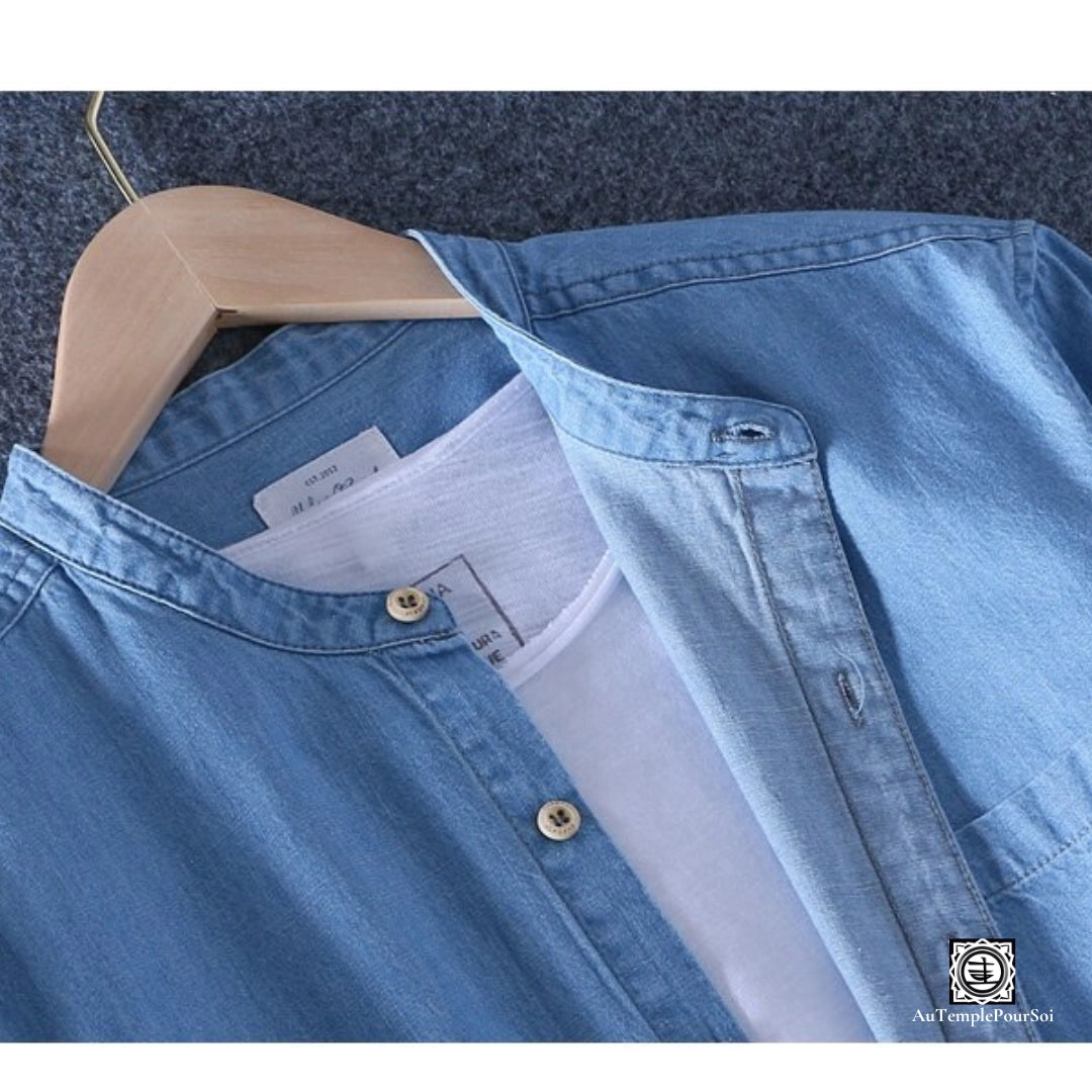 Chemise en lin manches courtes col mao denim bleu ciel detail col