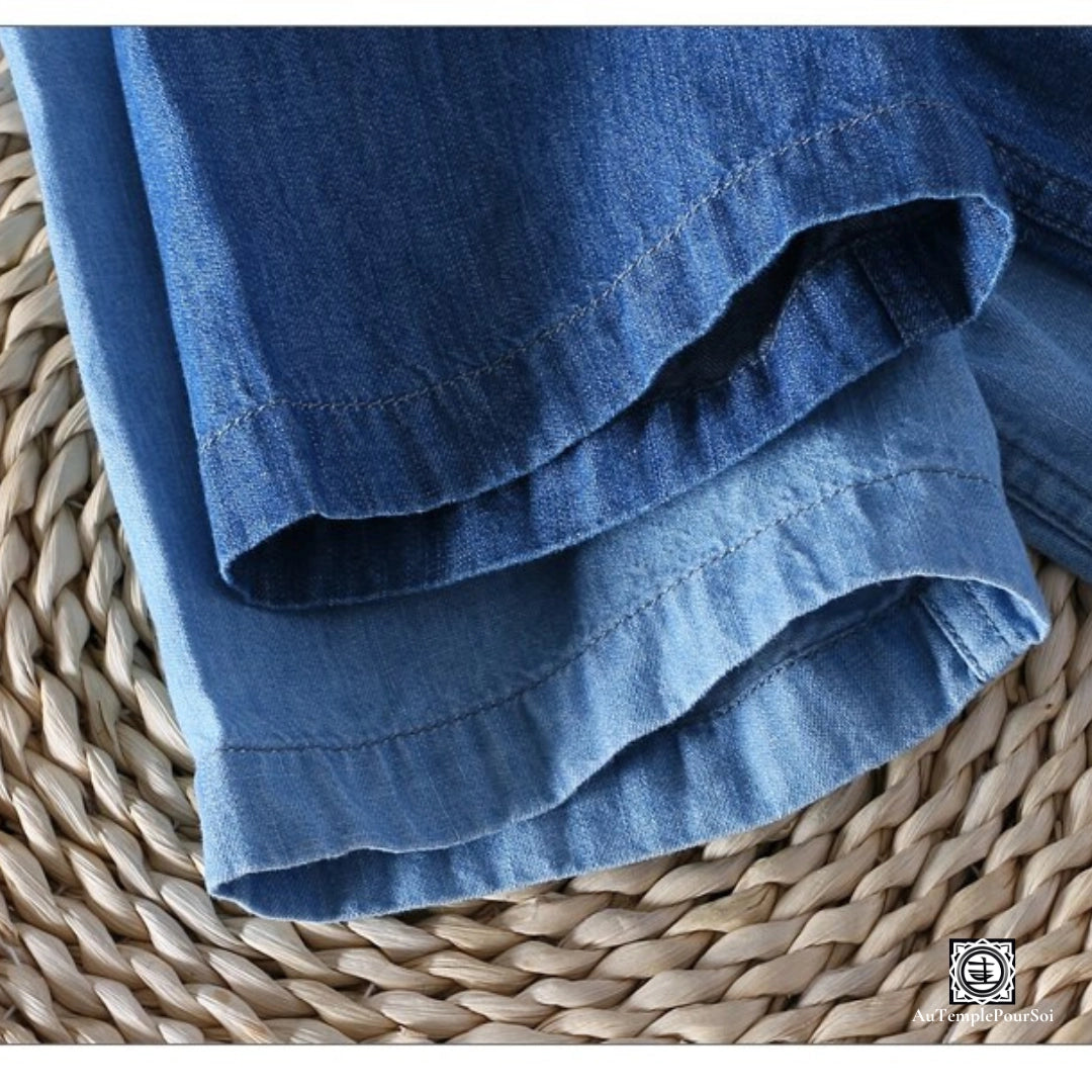 Chemise en lin manches courtes col mao denim bleu detail manche