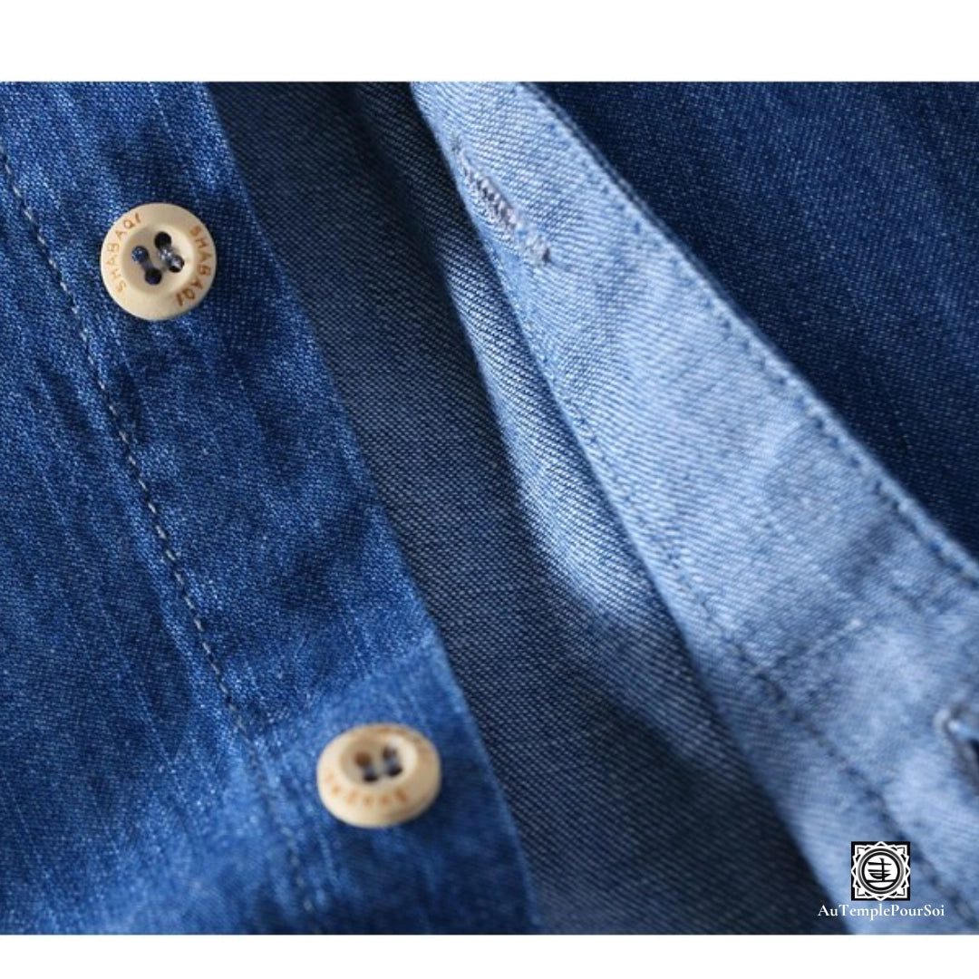 Chemise en lin manches courtes col mao denim bleu detail bouton