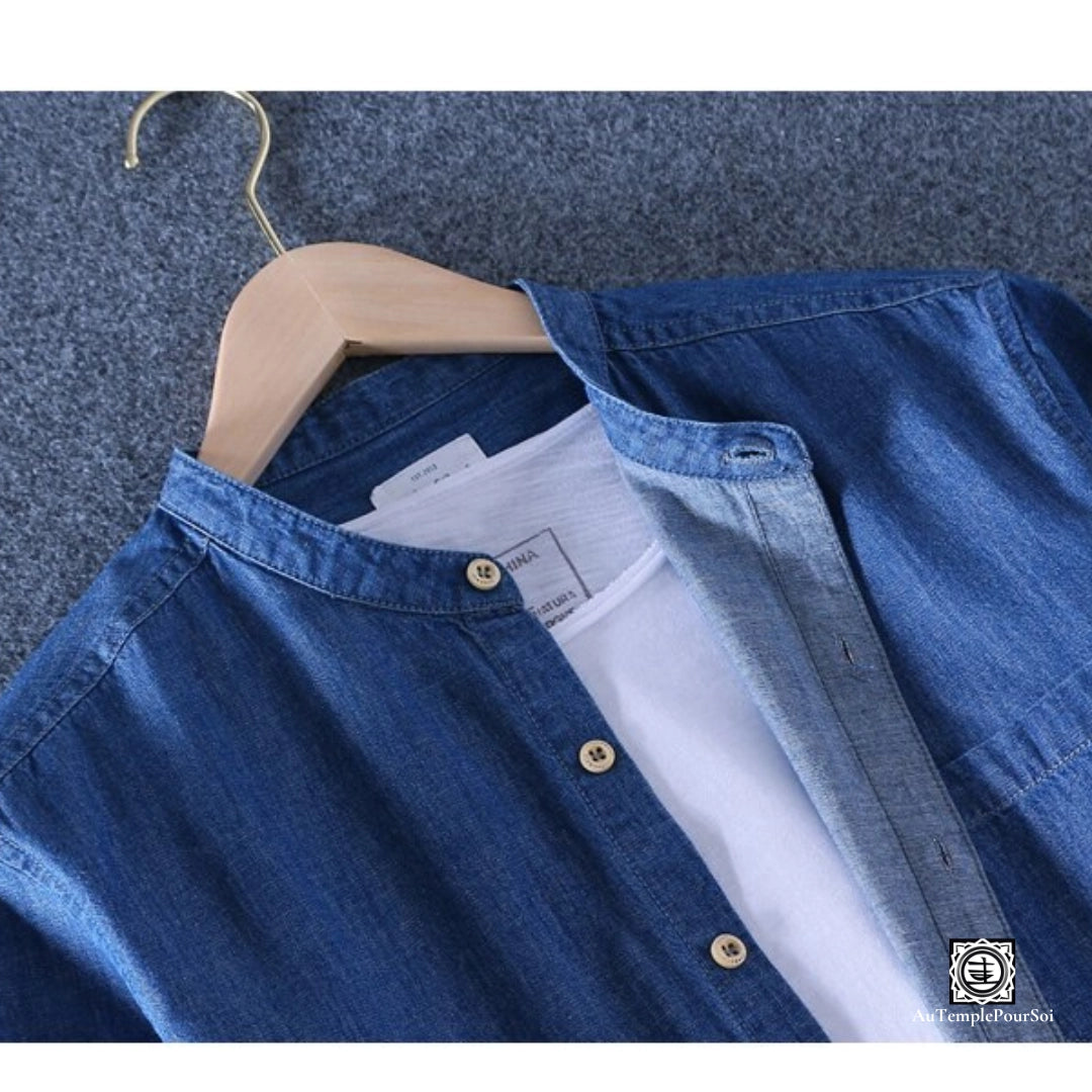 Chemise en lin manches courtes col mao denim bleu detail col