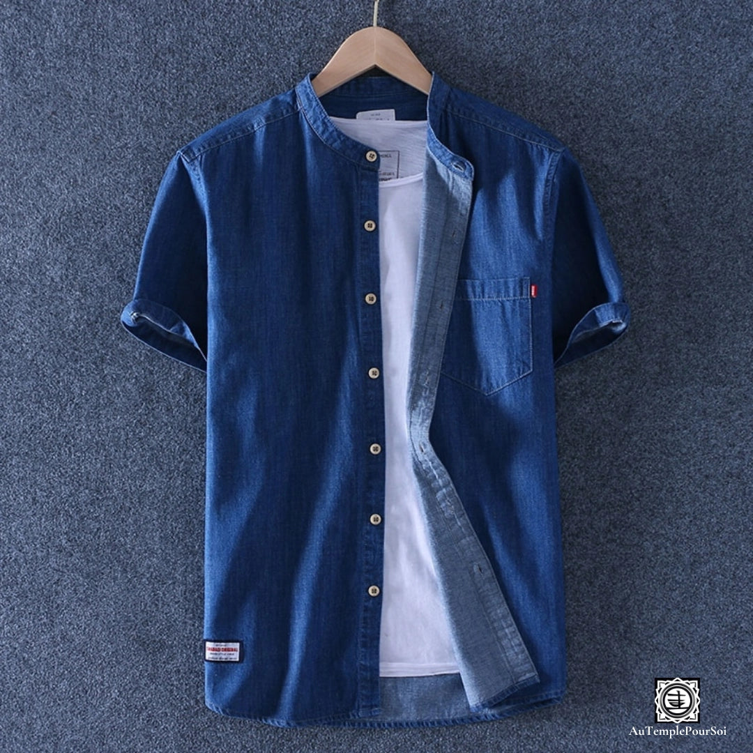 Chemise en lin manches courtes col mao denim bleu marine