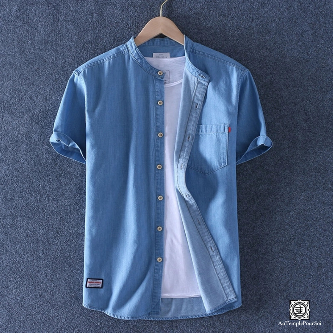 Chemise en lin manches courtes col mao denim bleu ciel