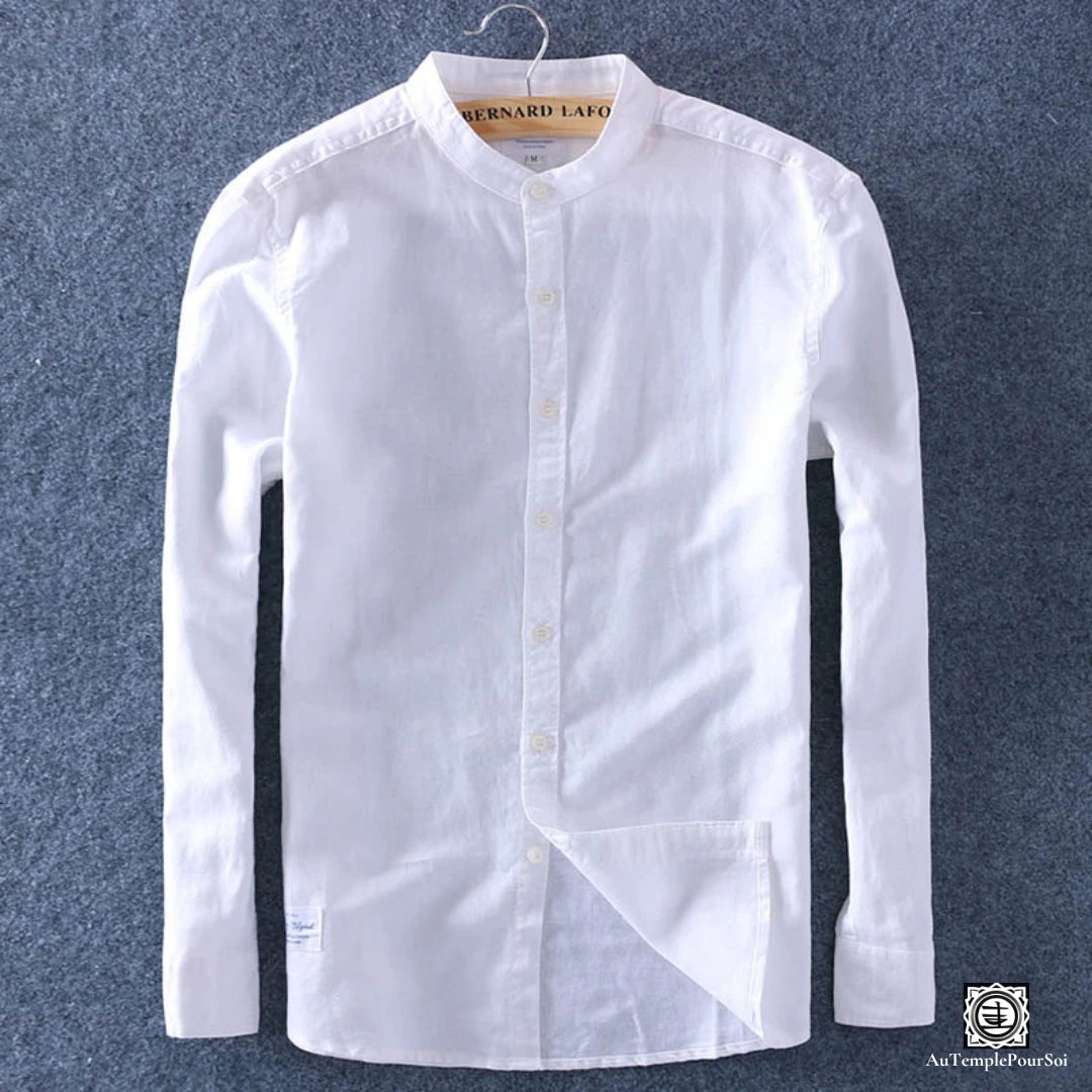 Chemise en lin blanc à manches longues à col mao