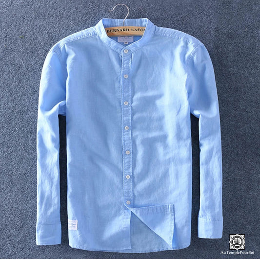 Chemise en lin bleu à manches longues à col mao