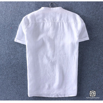 Chemise en lin col mao manches courtes dos blanc