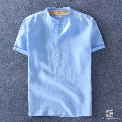 Chemise en lin col mao manches courtes bleu