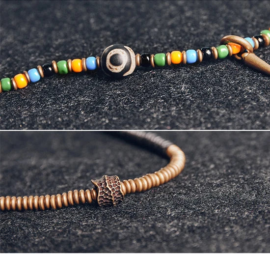 Bracelet Tibétain Perle Dzi, Ébène et Verre Coloré – Vajra en Cuivre Martelé