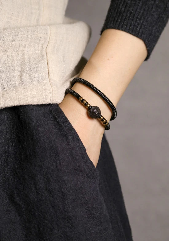 Bracelet Double Rang Ébène Sculptée et Cuivre Vieilli – Style Rock Unisexe