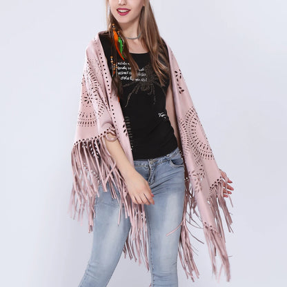 Poncho en Velours avec Franges - Élégance Bohème Chic