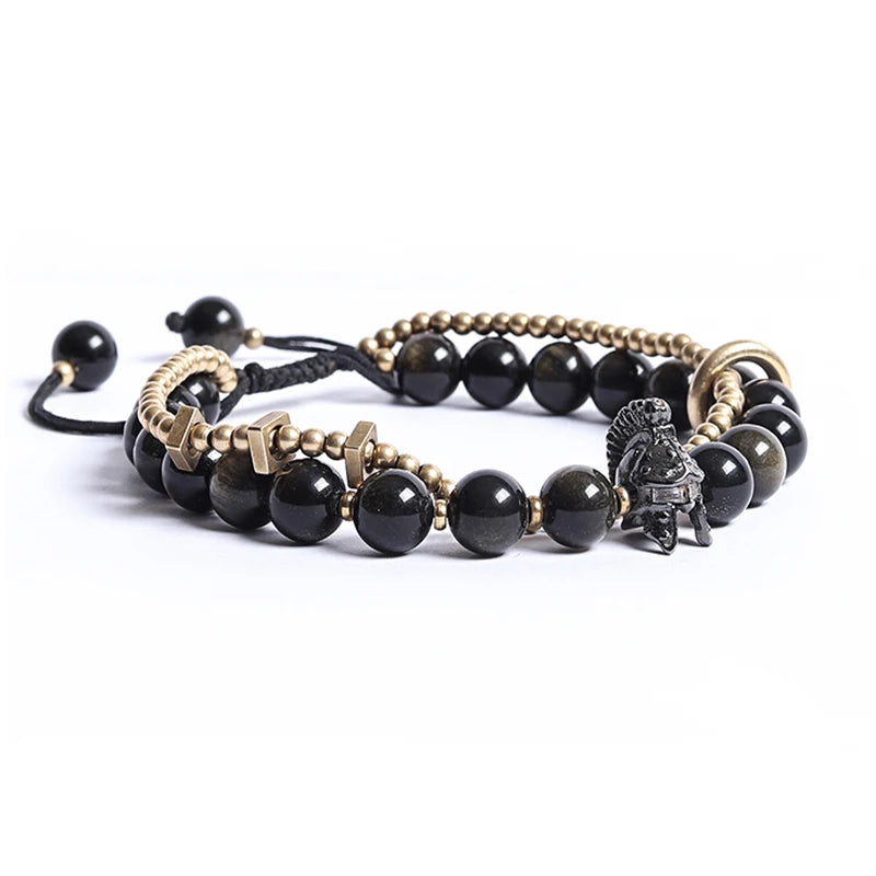 Bracelet Tressé Homme Obsidienne Dorée ou Goldstone Bleue – Style Viking Ajustable