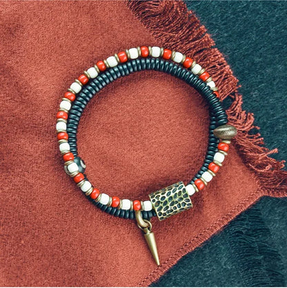 Bracelet Zen Double Rang Ébène et Pierres Colorées – Vajra en Laiton Martelé