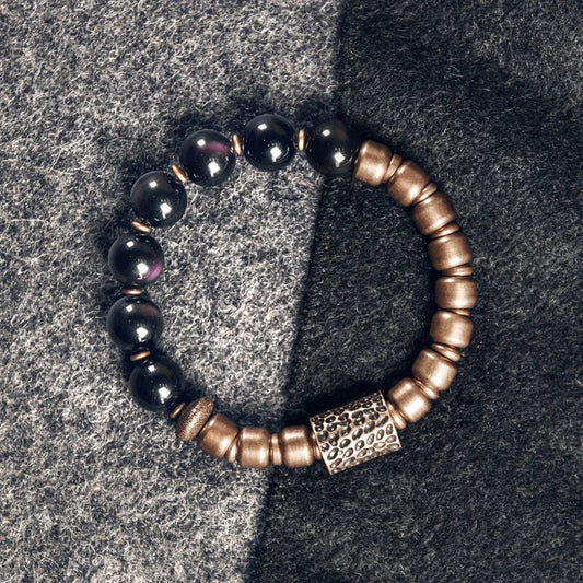 Bracelet Obsidienne Oeil Céleste et Laiton Martelé – Bicolore, Homme et Femme
