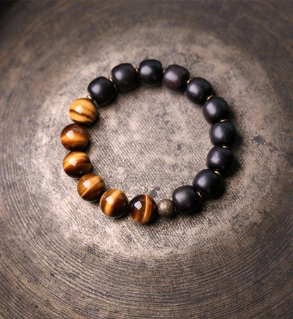 Bracelet Oeil de Tigre Doré ou Obsidienne Arc-en-Ciel – Perles de Bois et Métal Martelé