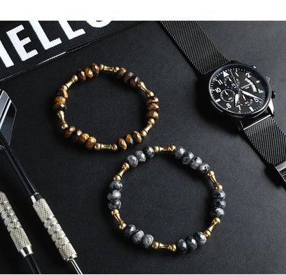 Bracelet Oeil de Tigre à Facettes ou Hornblende Noire – Breloque Bambou en Cuivre