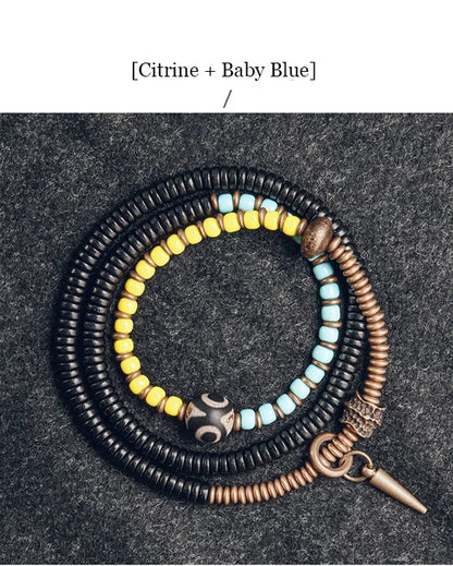 Bracelet Chakras Ébène et Verre Coloré – Vajra en Cuivre Martelé, Style Bohème