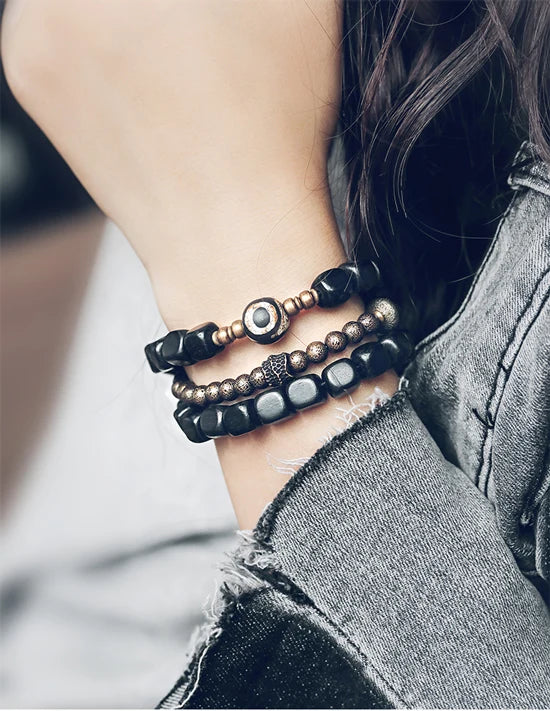Lot de 2 Bracelets Ébène et Cuivre Martelé Oxydé – Parure Homme et Femme