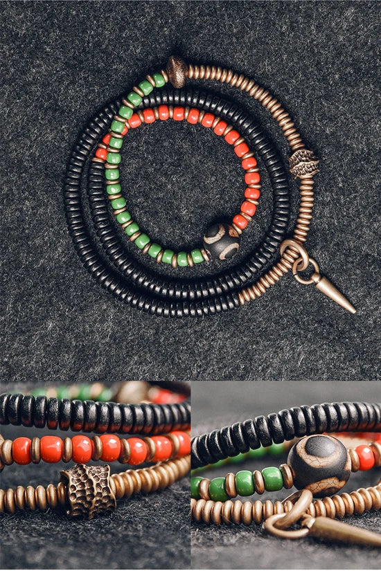 Bracelet Chakras Ébène et Verre Coloré – Vajra en Cuivre Martelé, Style Bohème
