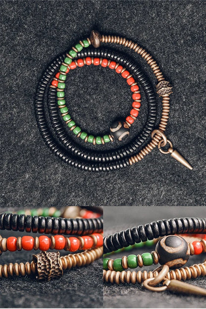 Bracelet Chakras Ébène et Verre Coloré – Vajra en Cuivre Martelé, Style Bohème