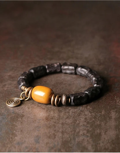 Bracelet Ébène Sculptée à la Main et Cuivre Vintage – Texturé, Anti-Mauvais Œil