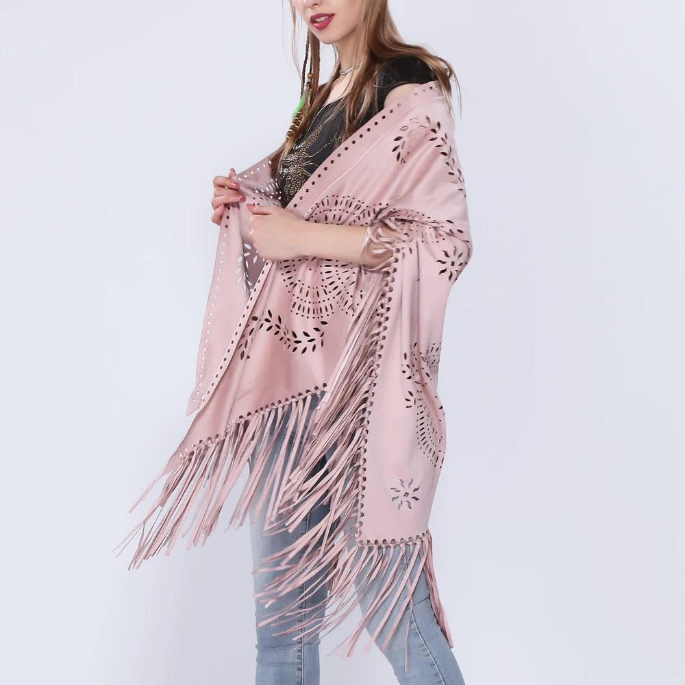 Poncho en Velours avec Franges - Élégance Bohème Chic