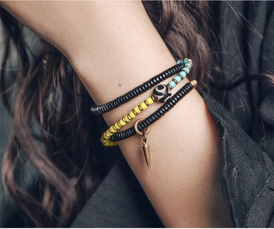 Bracelet Chakras Ébène et Verre Coloré – Vajra en Cuivre Martelé, Style Bohème
