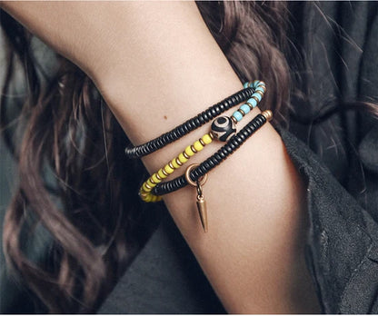Bracelet Chakras Ébène et Verre Coloré – Vajra en Cuivre Martelé, Style Bohème