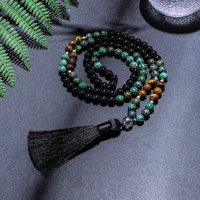 Mala "Clarté mentale" 108 perles en Turquoise Africaine, Oeil de Tigre, Agate Noire