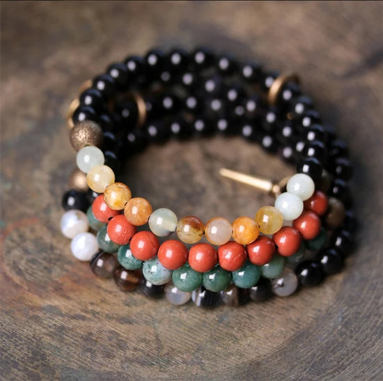 Bracelet Agate et Obsidienne Noire avec Vajra en Cuivre – 4 Pierres au Choix