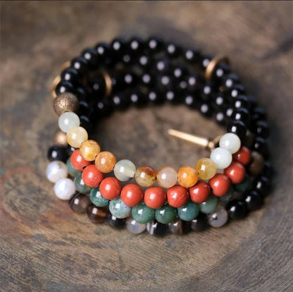 Bracelet Agate et Obsidienne Noire avec Vajra en Cuivre – 4 Pierres au Choix